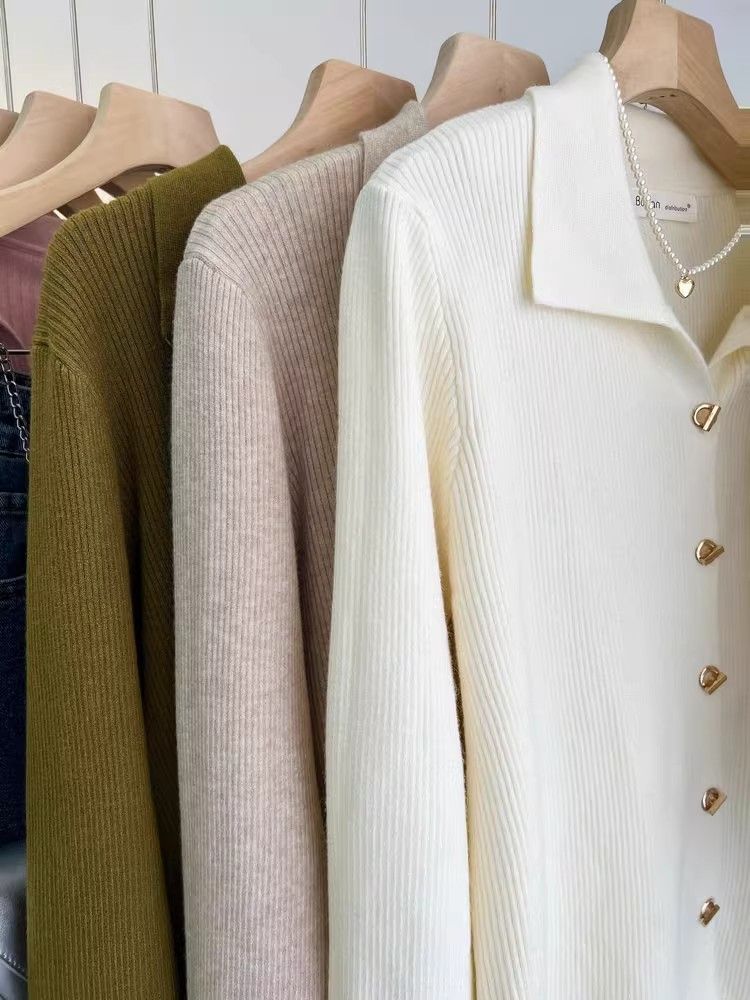 French Elegant Lapel Knitted Sweater Cardigan Women Spring Autumn Vintage Solid Polo Shirt Korea Chic Underneath A Base Layer Clothes