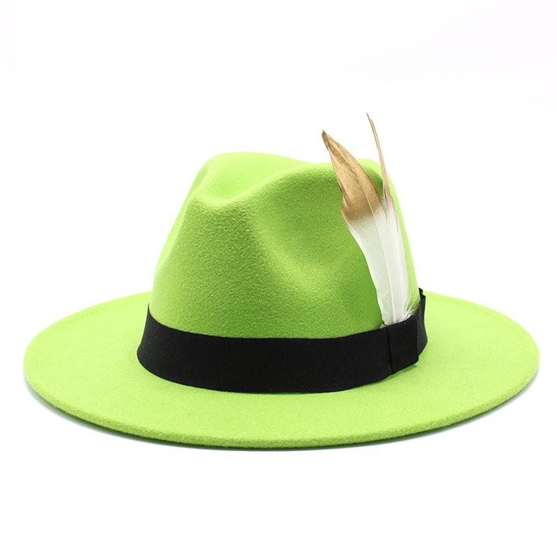 Trendy Wide-Brimmed Hat Woolen Top Hat Versatile Feather Flat Edge Jazz Hat British Style