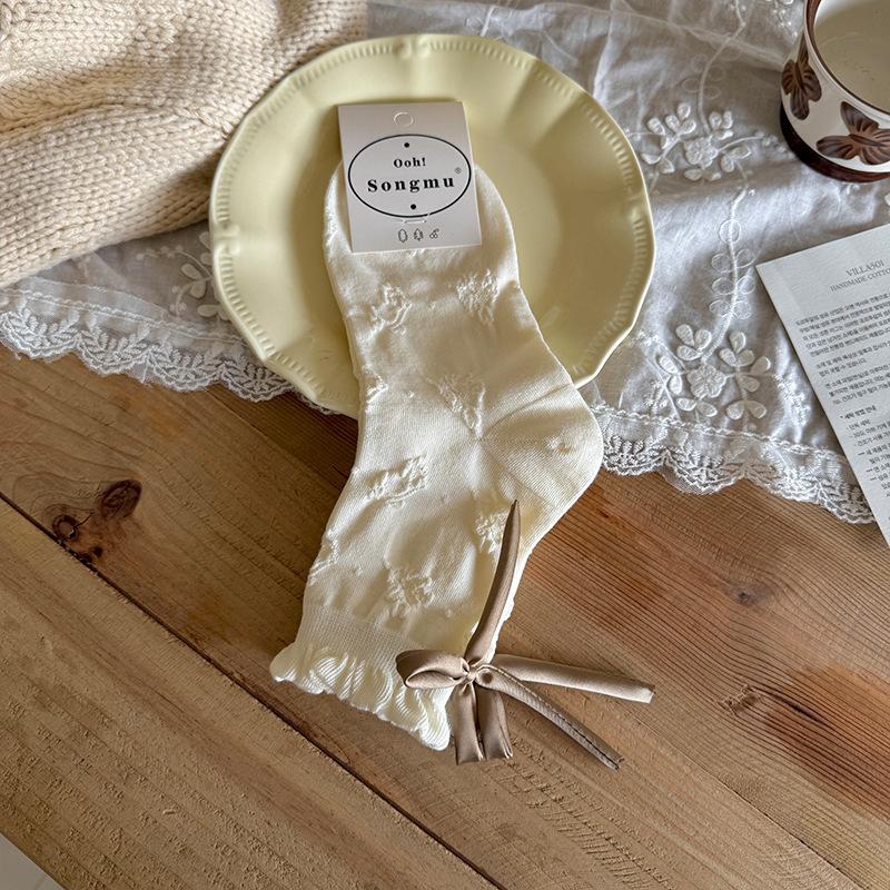 Damen Herbst Socken mit großem Schleifchen Weiß Mittellang Röhrensocken