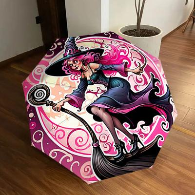 1pc Witch, Broomstick Fashionable Automatic Opening/Closing Folding Umbrella with 8 Iron Bones, Plastic Handle Yy251015088