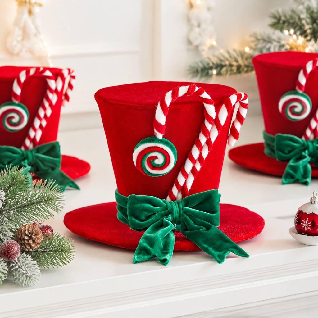 Velvet Top Hat with Sucker Easy Storage Christmas Freestanding Tabletop Ornament Bow