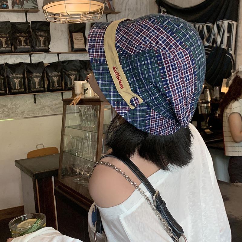 Retro Plaid Color Matching Bucket Hat Women's Niche Versatile Literary Basin Hat Big Head Circumference Showing Face Small Bucket Hat