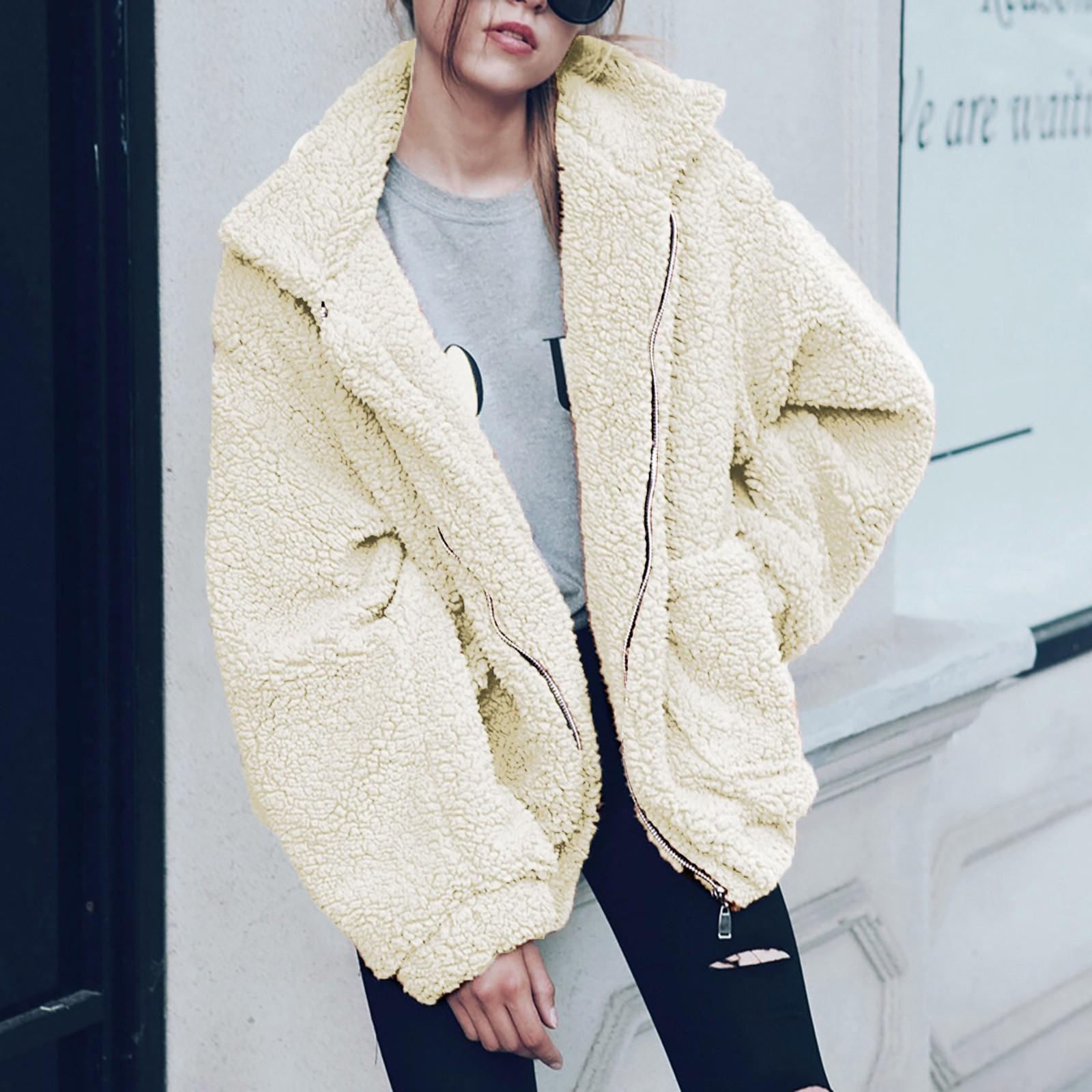 

Женская модная повседневная куртка, зимнее теплое пальто, плюшевая свободная куртка на молнии L бежевый