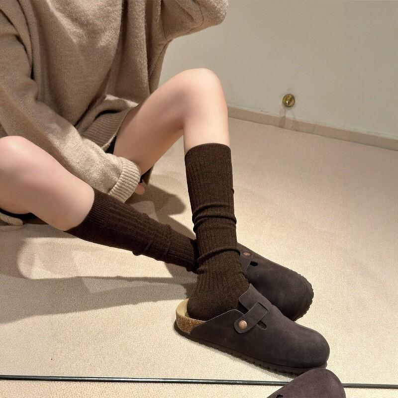 Autumn And Winter Maillard Coffee Calf Socks Women'S Miu Ballet Style Mid-Tube Stacking Socks Vertical Pattern Thin Versatile Cotton Socks