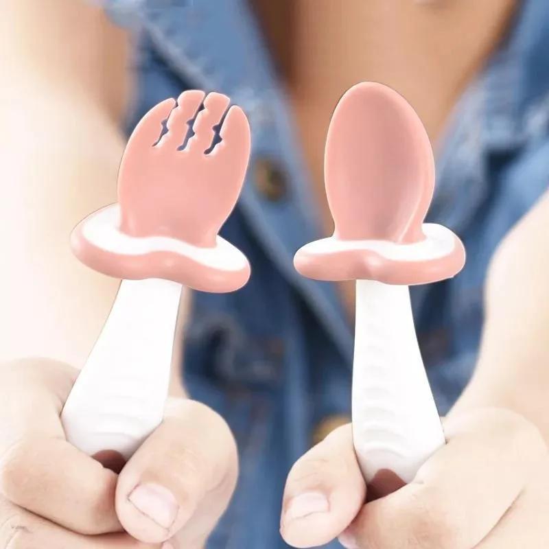 Baby Spoon Fork Silicone Children's Cutlery Set Feeding Baby Tableware Learn Spoon Set Short Easy Spoon