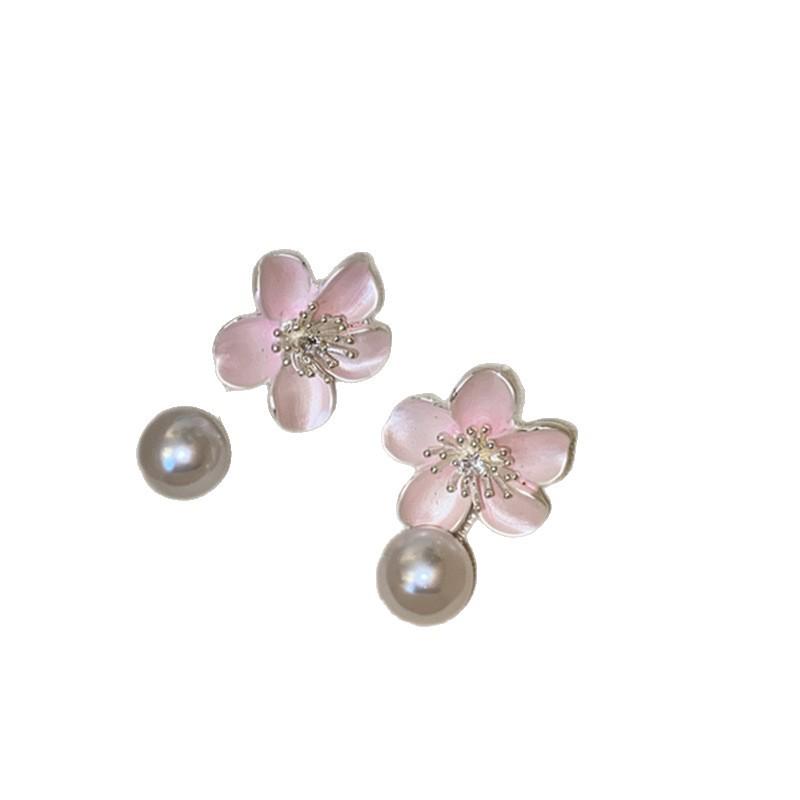 Elegant Pink Cherry Blossom Pearl Tassel Earrings for Women – Unique and Beautiful Fairy Floral Stud Jewelry
