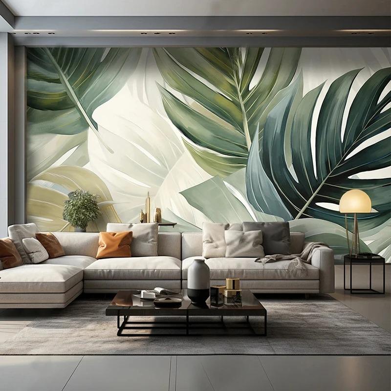Abstract Simple 3d Mural Hand-Painted Green Leaves Wallpaper Restaurant Cafe Background Wall Paper Home Decor