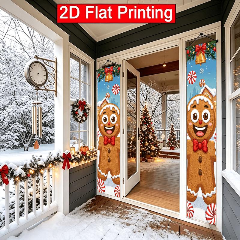 2D Flat, 2pcs 2D Flat Christmas Theme, 30.48X179.83 cm Polyester Door Couplet, Cartoon Christmas Gingerbread for Man Design, Suitable for Christmas Ev