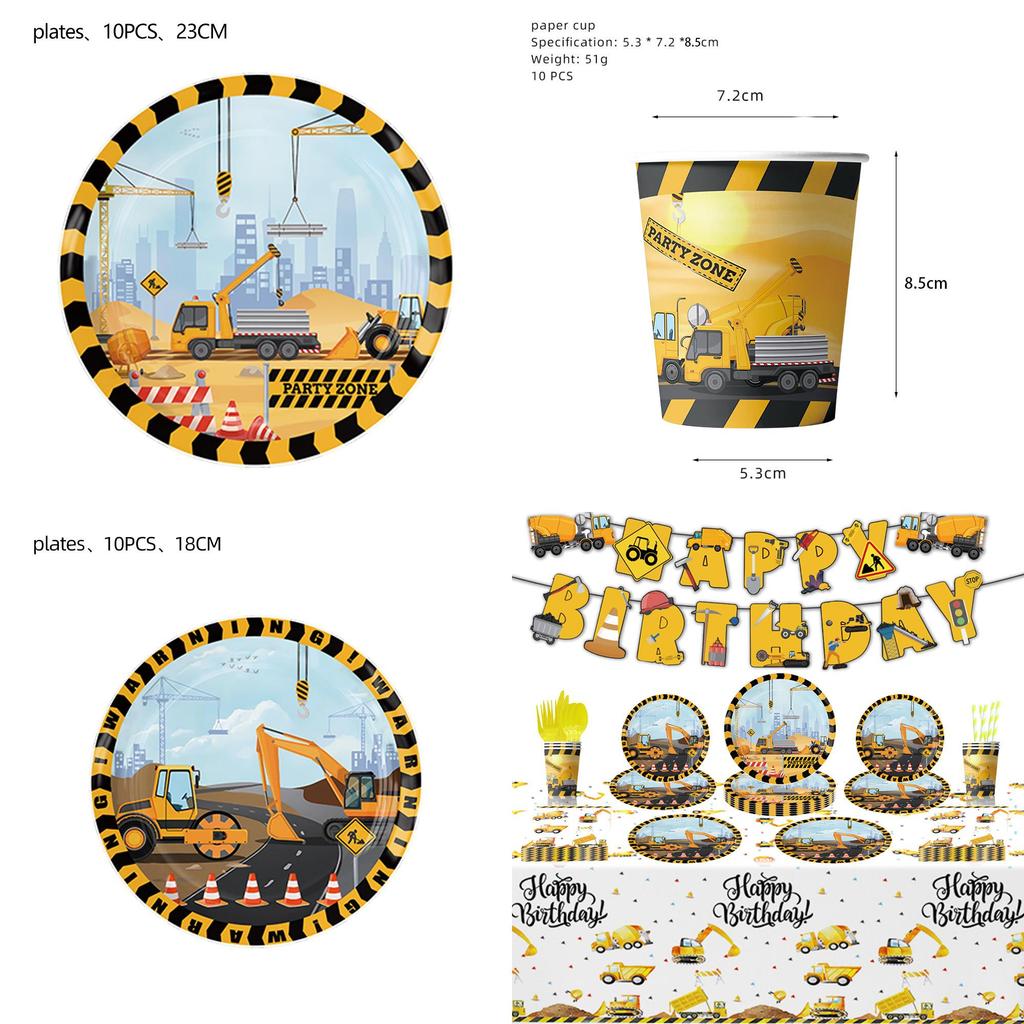 Disposable Paper Plates Cups Napkins And Tablecloth Set Excavator Themed Birthday Party Supplies