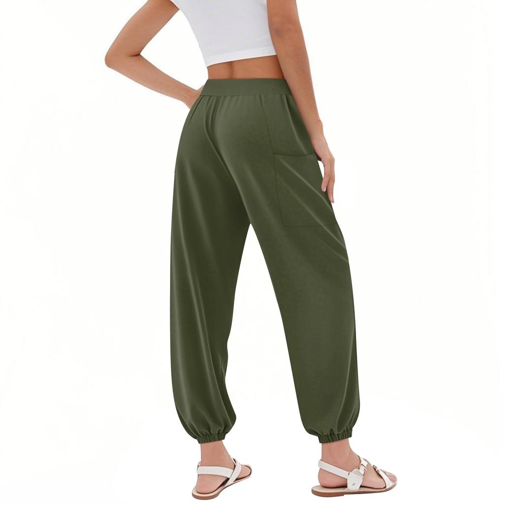 Women's Pocket Drawstring Trousers High Waist Yoga Bohemian Color Casual Pants