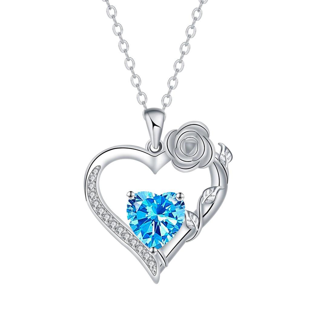 Rose Flower Love Heart Jewelry Wife Girlfriend Mom Daughter Anniversary Birthday Gift 12 Birthstone Necklace for Women