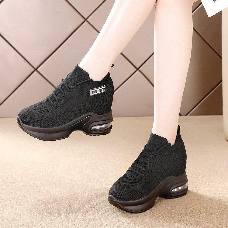 Black casual sneakers women's spring new fat feet wide feet soft sole soft surface comfortable inner height increase women's shoes
