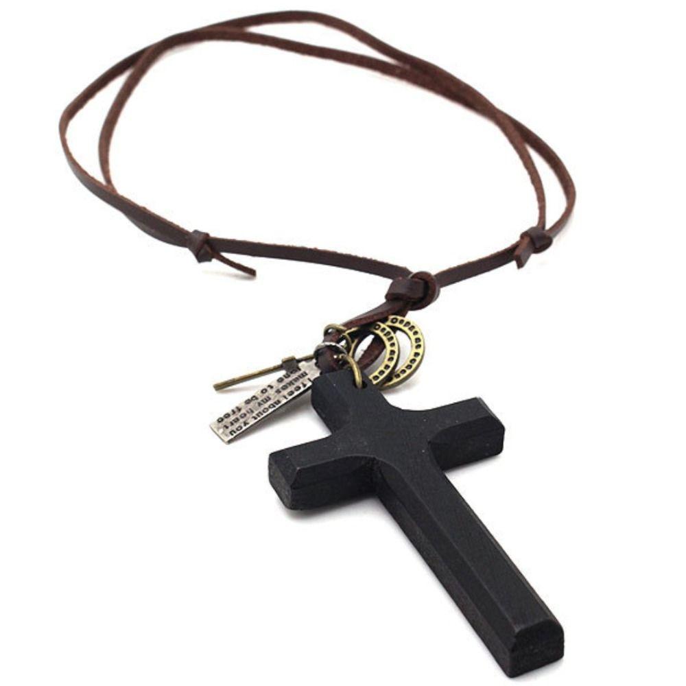Metal Tags Wood Cross Necklace Religious Crucifix Pendant Chain Handmade Cross Necklace Christian