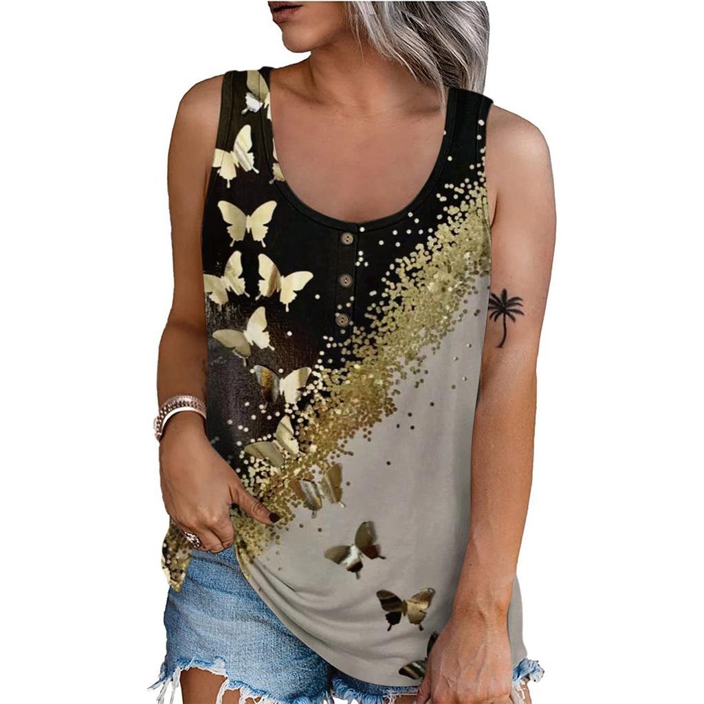 Women Summer Sleeveless Casual Floral Printed O-Neck T-Shirt Tops Blouse