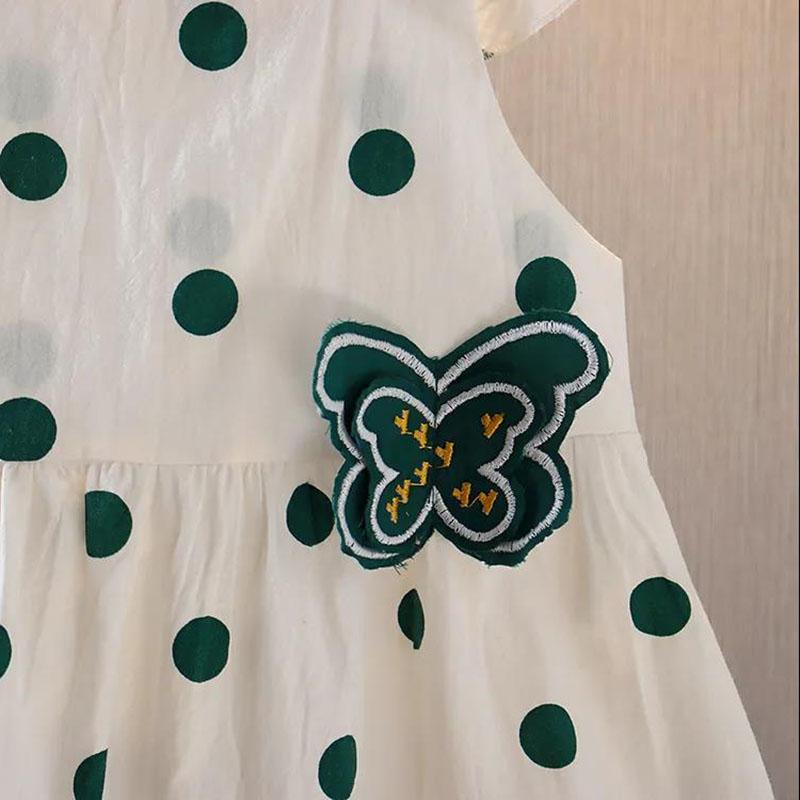 Dívčí letní šaty bez rukávů s puntíky, sladké s motýlkem, bavlněná sukně na ramínka, dívčí roztomilá princeznovská sukně, bez rukávů, v pase, áčková sukně