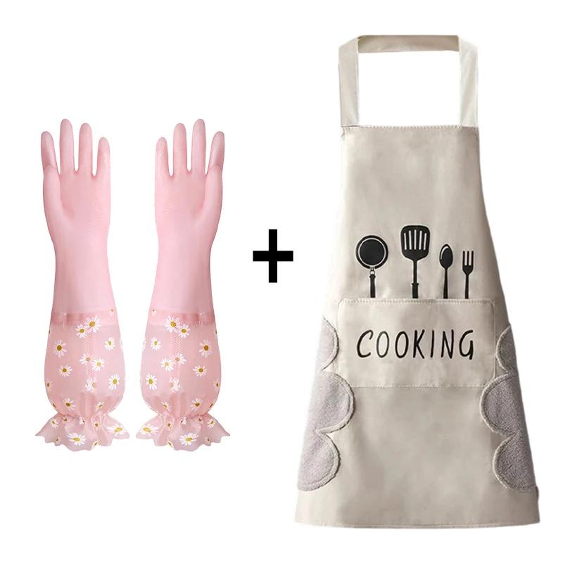 Waterproof Housework Cleaning Gloves and Can Wipe Hands Apron Set Kitchen Cleaning Latex Winter Warm Dishwashing Laundry Gloves