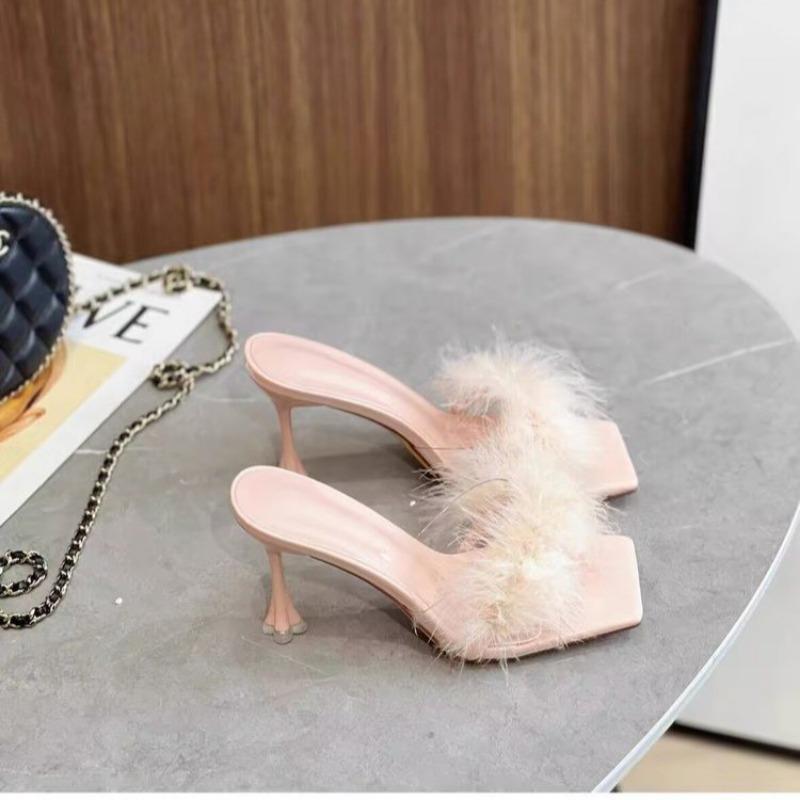 

Мода 2025Liyke Прозрачные Туфли на Высоком Каблуке Меховые Тапочки Женские Босоножки с Перьями Пип-Тоу Мюли Туфли-Лодочки Слайды Вечерняя Обувь Розовый 34 розовый