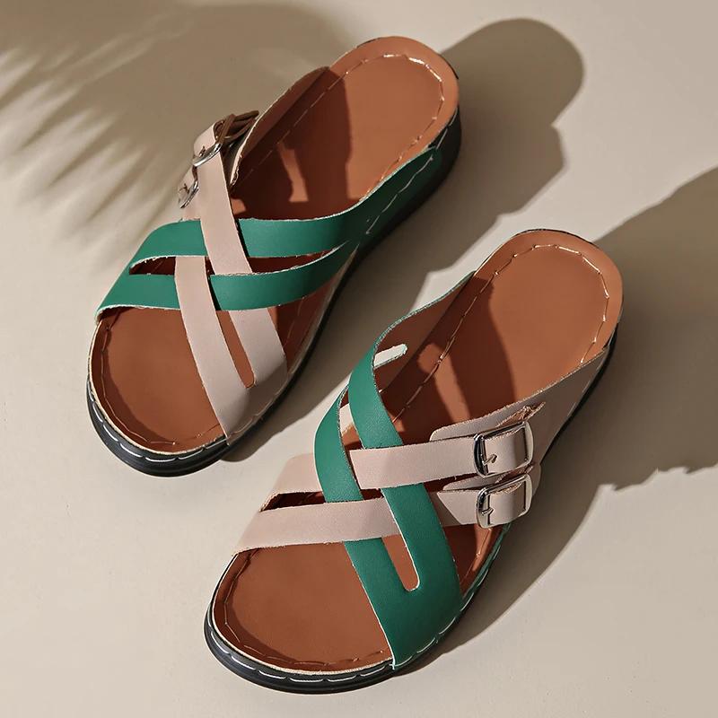 Fashion Mix Color Cross Strap Wedge Slippers Women Summer Non Slip Platform Sandals Woman Lightweight Soft Thick Sole Sandalias Mujer 43