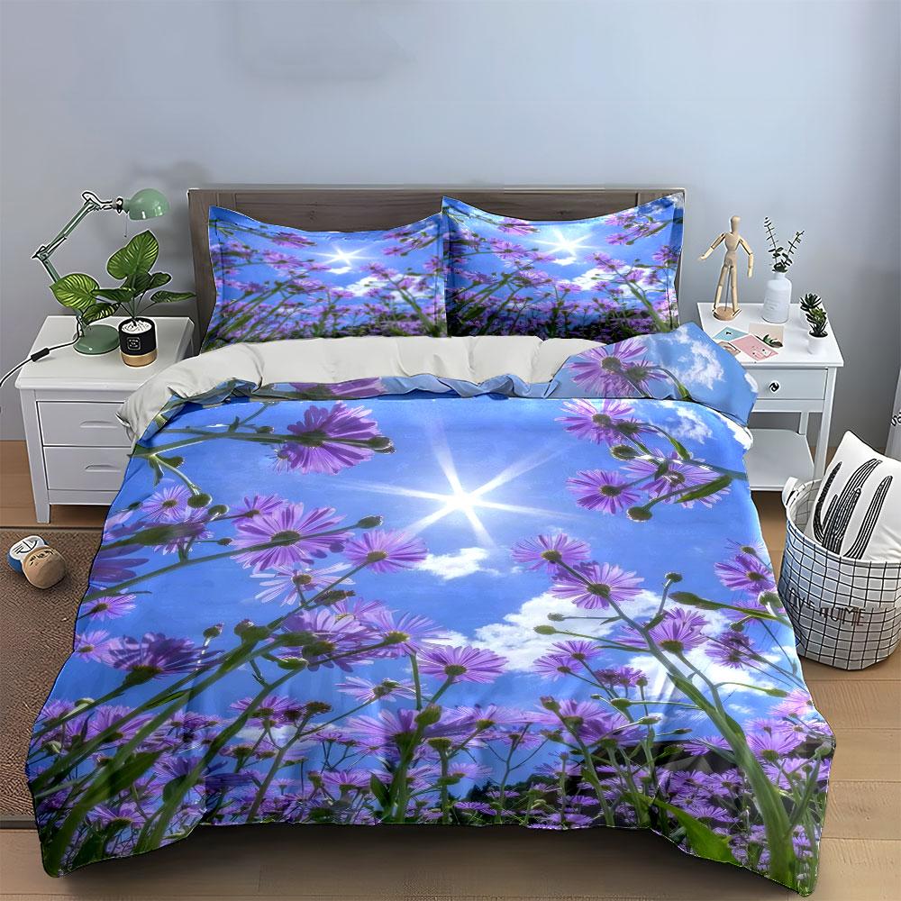 Purple Flower Field Decorative Set Bedding Set With 1 Duvet Cover 2 Pillowcases Single Double King Queen, Gift