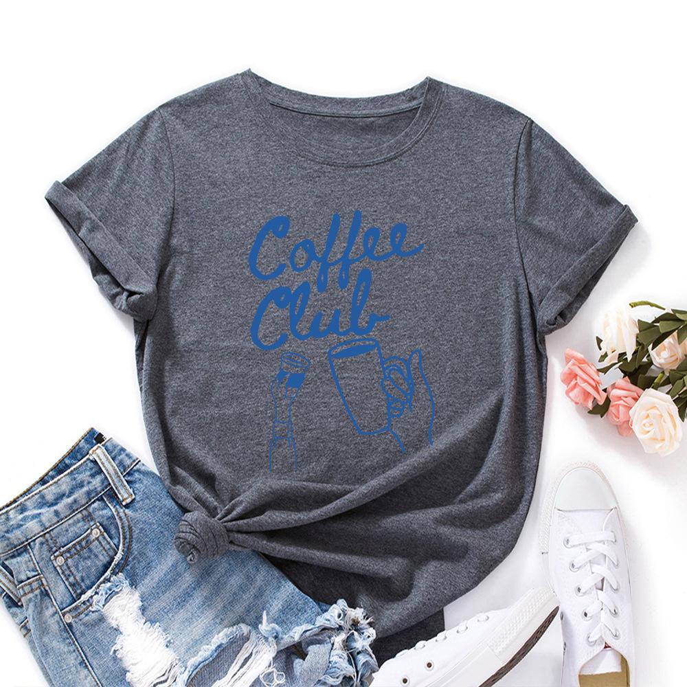 Coffee Alphabet Cotton T-Shirt Short Sleeve Round Neck Women 2d Print Tops