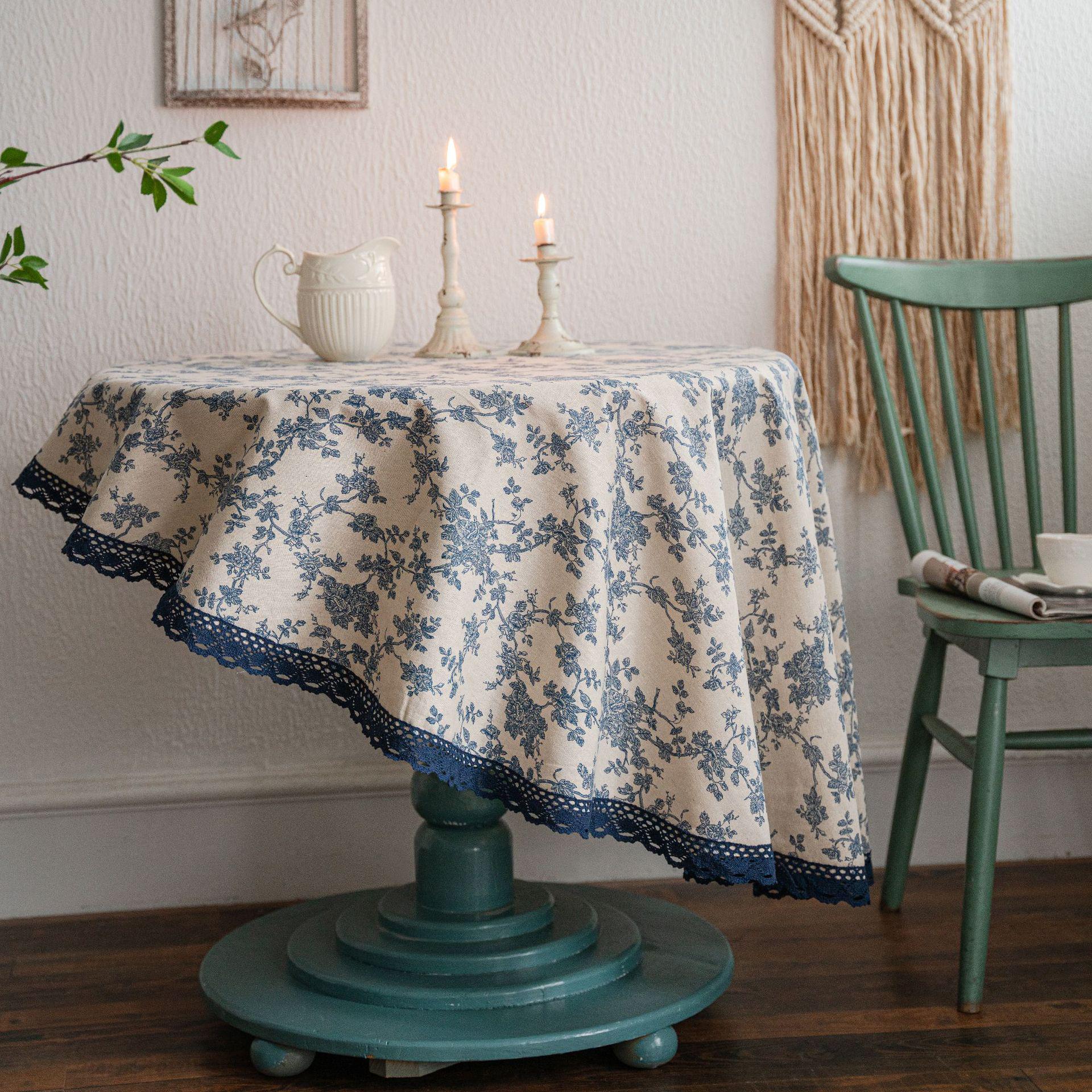 

Imanqi Blue Rose Cotton Linen Round Tablecloth - Retro INS Style Round 150cm