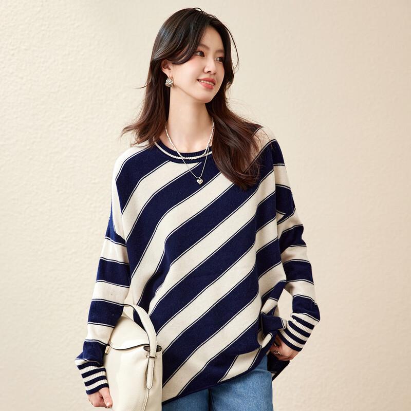 Carbony Women's 100% Wool Striped Round Neck Sweater