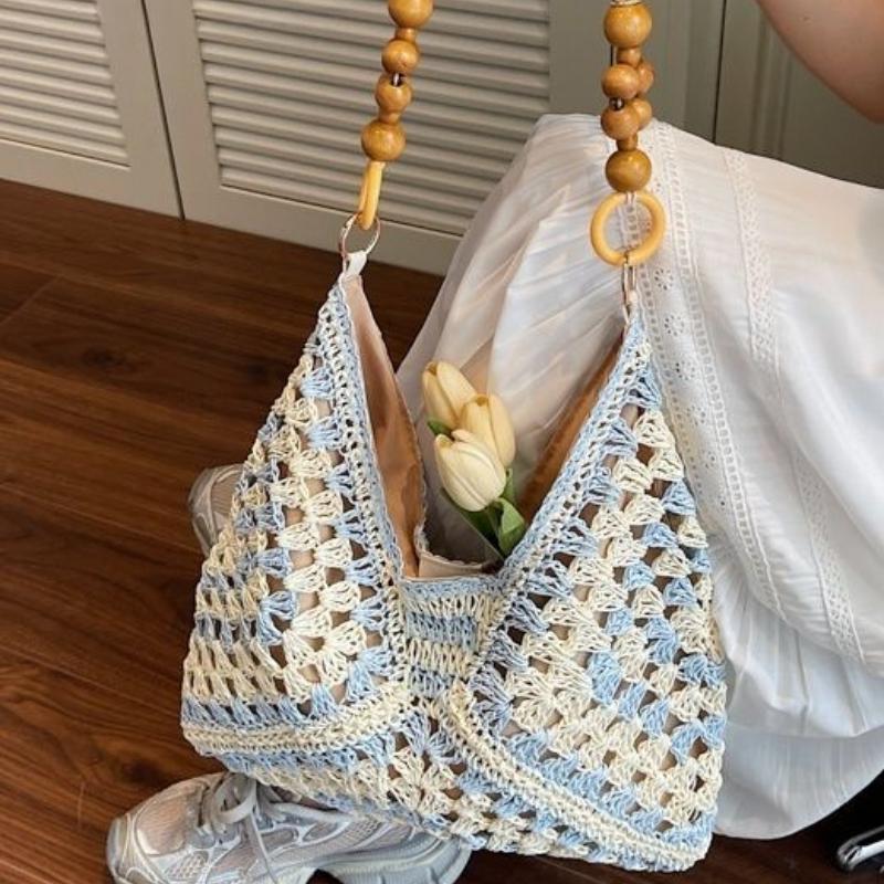 Sommer Stroh Strandtasche für Damen - Ausgehöhlt Schulter Handgewebter Korb Tote