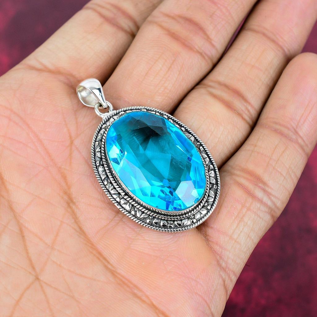 Blue Topaz Pendant, 925 Solid Sterling Silver Gemstone Jewelry, Handmade Pendant, For Thanksgiving