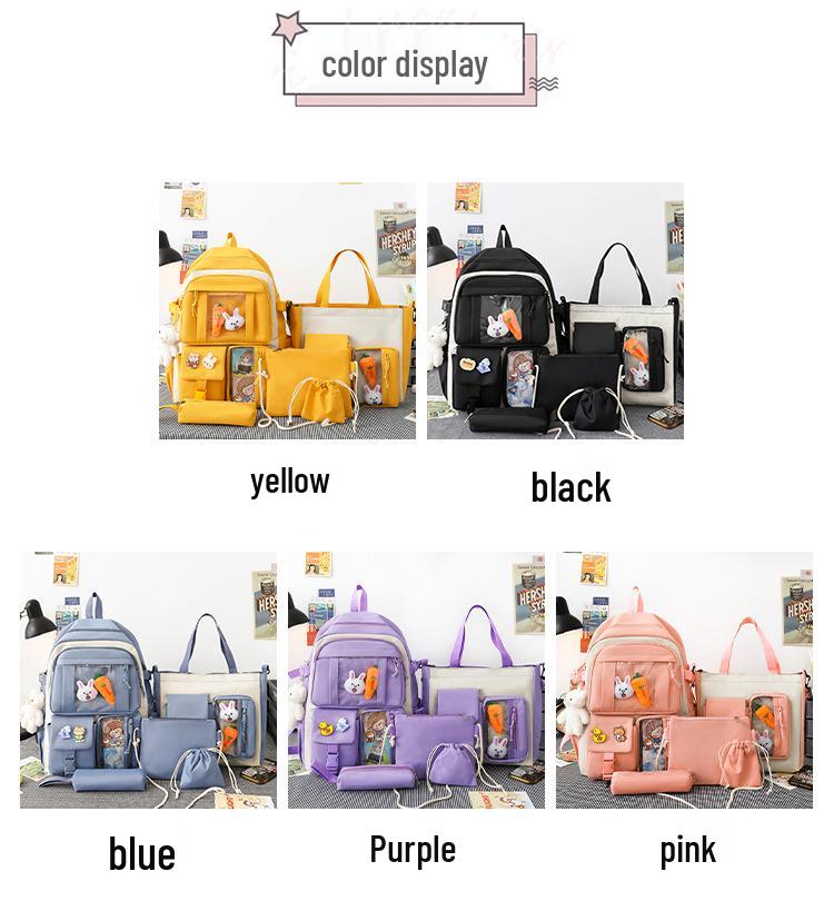 INS High School Durable Five-Piece Backpack Set for Girls - Large Capacity, Double Shoulder Bag for Junior and Middle School Students