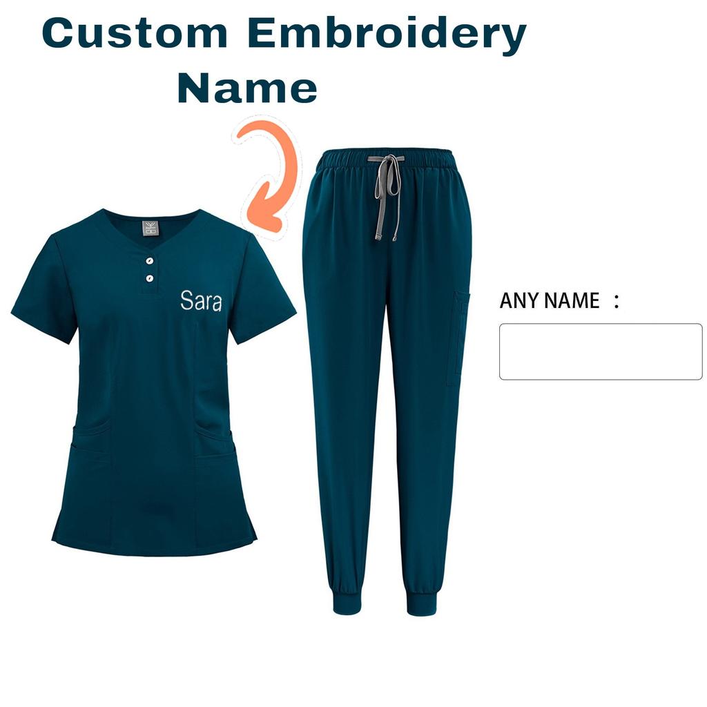 DIY Name Embroidery Customization Women's Uniform Quick-drying Fabric Solid Color V-neck Pocket Short-sleeved Trousers Suit Dry-nurse Work Clothes
