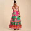 European, American and American Summer V-neck Lace-up Positioning Printing Burning Flower Holiday Sweet Wind Dress D09