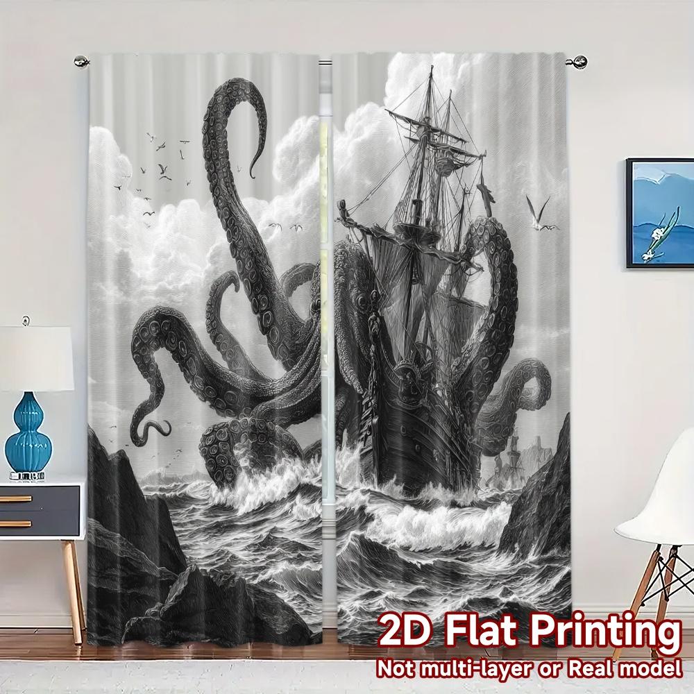 

Flat Printing Curtains Without Rod Krakens Wrath Polyester Easy Install Room Decor Curtain Set Of 2 Modern Made Washable W100*H70(CM)-Hooks&2PCS