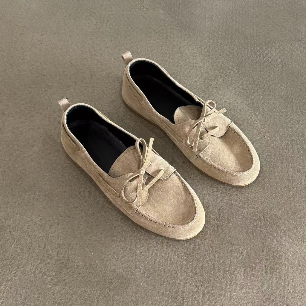 Sheepskin Version~ Genuine Leather Flat-bottomed Retro Lace-up Single Shoes Women's 2025 New One-pedal Lazy Loafers Small Leather Shoes