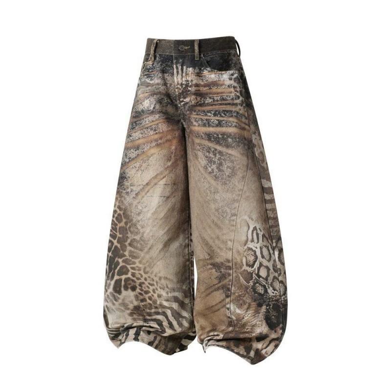 Vintage American 3D Printed Leopard Tiger Patchwork Jeans High Waist Wide Leg Slim Flare Pants