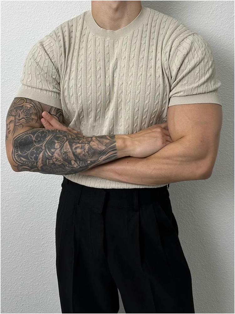Men's Loose Fit Summer Cable Knit Crew Neck Short Sleeve T-shirt