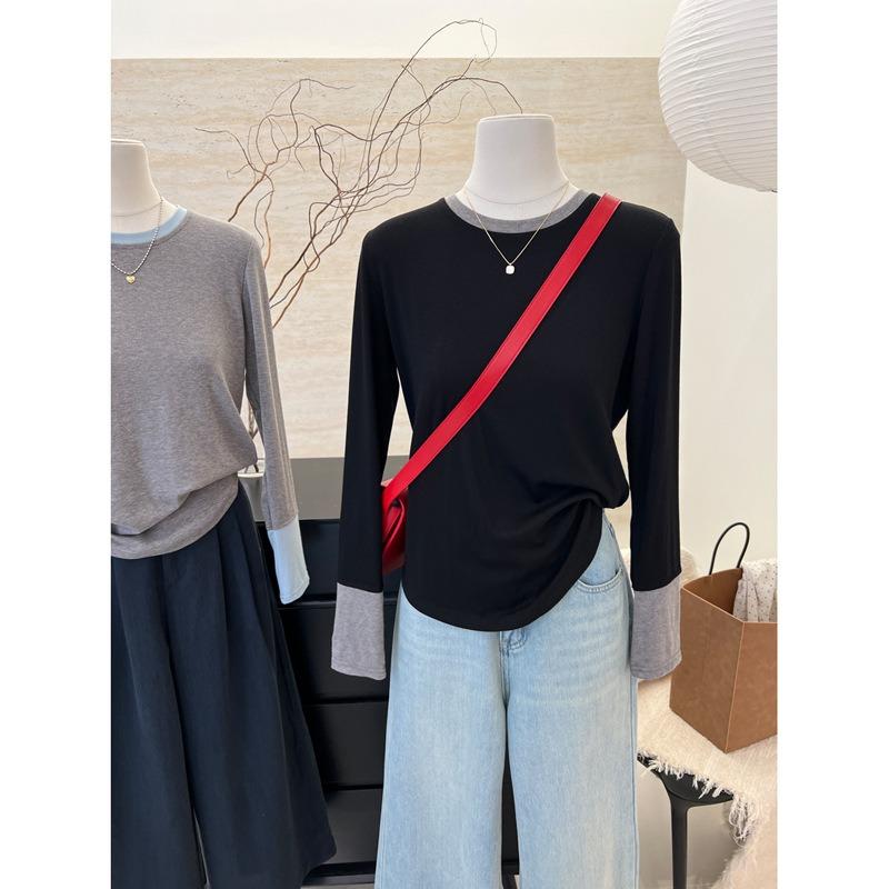 

Wind contrasting color splicing inner bottoming shirt women s season slim and thin round neck long-sleeved T-shirt 2XL чорний