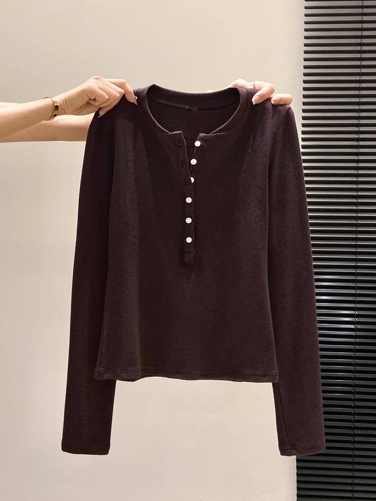 Women's BM-Style Button-Up Henley Long-Sleeve T-Shirt, Slim-Fit Stretchy Top with Imitation Cashmere Lining for Autumn/Winter/Spring