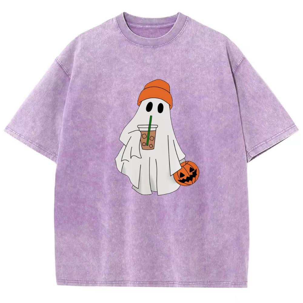 Halloween Pumpkin Ghost Print Women's Washed Oversized T-Shirt Black Stretchy Breathable Short Sleeve Unisex Cute Top