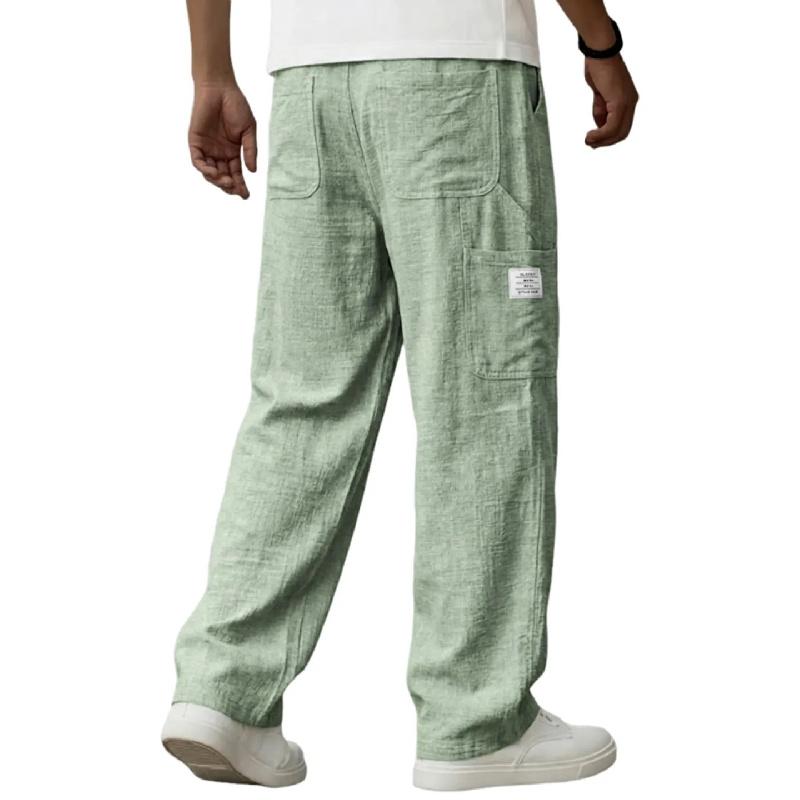 2026 Spring/Summer New Men's Solid Color Breathable Cotton-Linen Pocket Casual Trousers