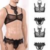 Mens Sissy See Through Sheer Mesh Lace Trim Lingerie Set Bra Top and Open Butt Brief Thong