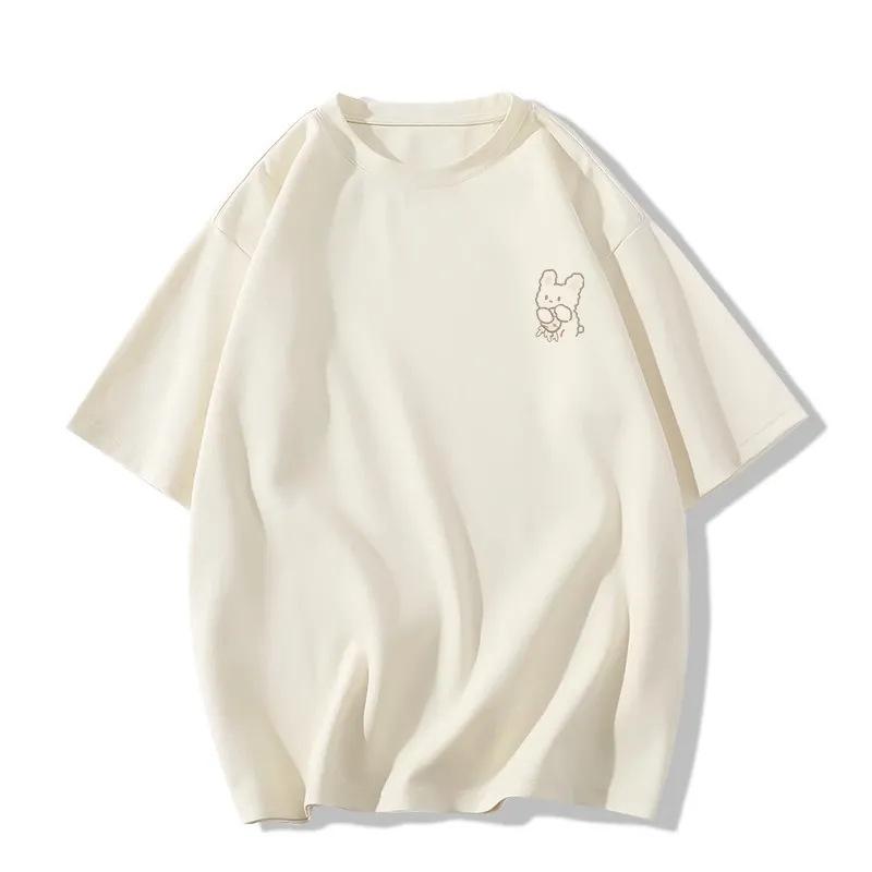 "2024 Sommer Damen süßes Häschen-Print Baumwoll-T-Shirt: Lässiges, halbärmeliges Oberteil im japanischen Stil"
