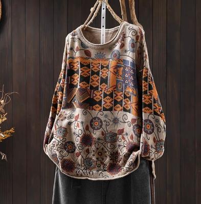 Vintage Patchwork Pullover mit Print für Damen Winter Herbst Mode Rundhalsausschnitt Langarm Locker Lässig Pullover Strickpullover Oberteile