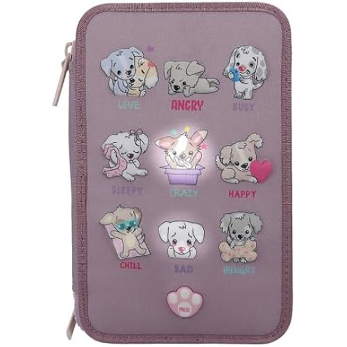 Trousse à Crayons - DEPESCHE - TOPModel 12843 - Violet - 3 Compartiments - LED Chiens