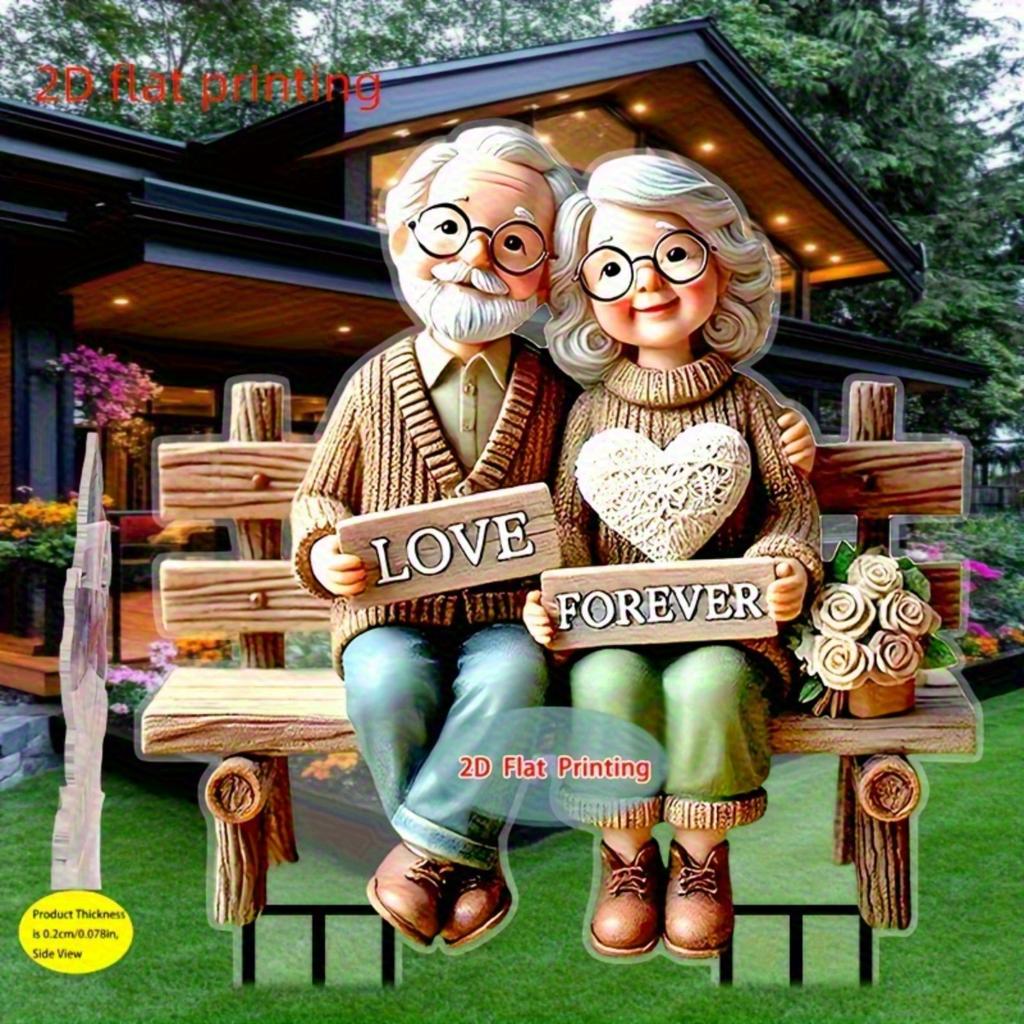 2D Romantic Grandparents on Bench Garden Stake Decor for Lawn Planter Patio, Ideal Festival & Elderly Gift, Perfect Garden Ornament