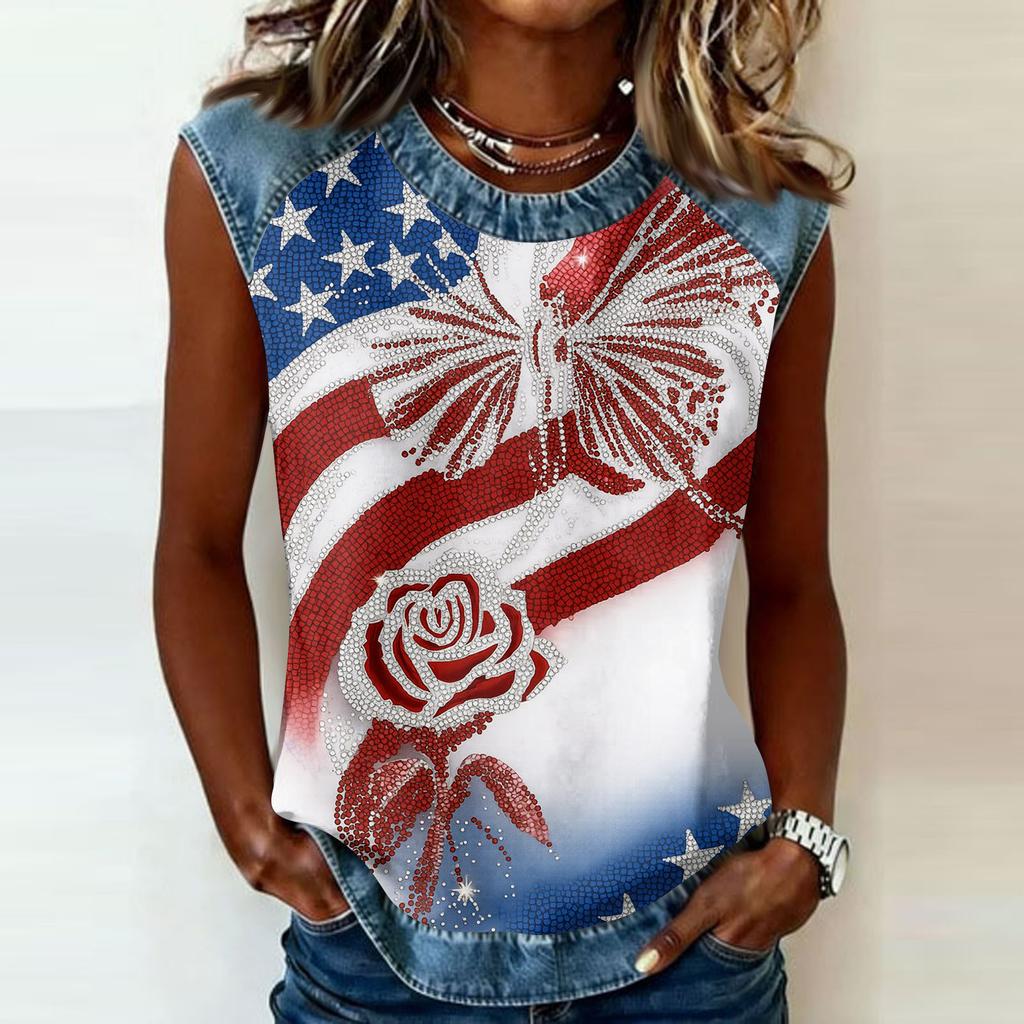 Women's Casual Sleeveless Pullover Top Crew Neck Tank Shirt 250th Anniversary Graphic Print Sleeveless Tee for Summer