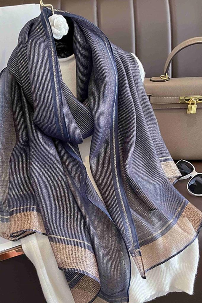 Navy Blue Shawl with Shine - Silk and Polyester, 180X90