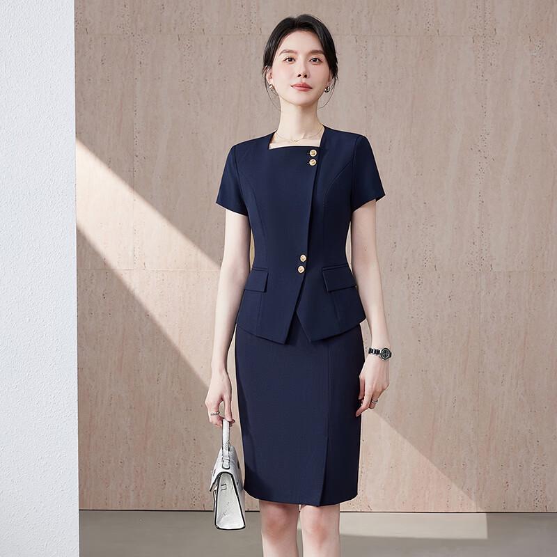 Toluoman Women's Navy Short Sleeve Business Suit Set