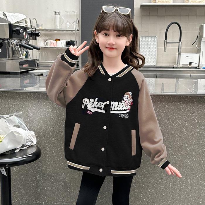 

2025 Девичья мультяшная бейсбольная куртка с буквенным принтом для подростков – Милая весенне-осенняя верхняя одежда 140 cm хаки