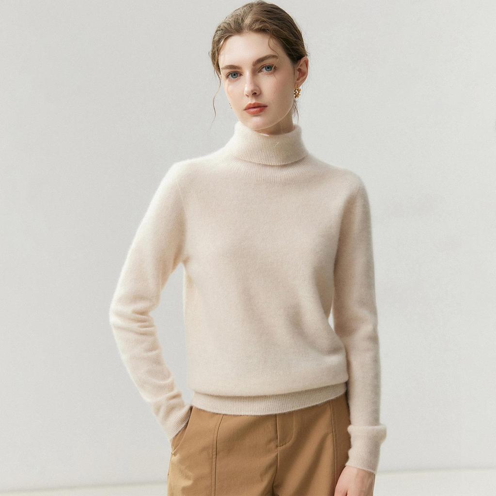 Women's 100% Cashmere High Neck Solid Color Long Sleeve Casual Sweater - Autumn/Winter Knitwear