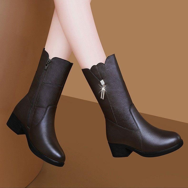 

Каблук Ботинки Мартин Женские 2025 Зима Новые Флис Теплые Полусапоги Средний Каблук Черные Кожаные Ботинки Мамы Ботинки Рыцаря 35